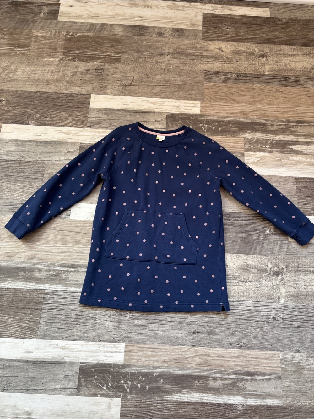 Mini Boden Navy Sweatshirt Dress with Pink Polka Dots Size 12-14